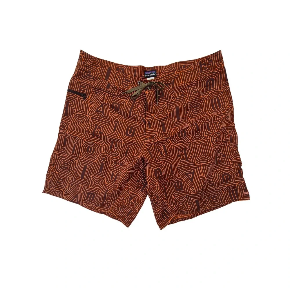 Patagonia Board Shorts Men's 40 Brown Orange Geometric Print Nylon Swim Surf
